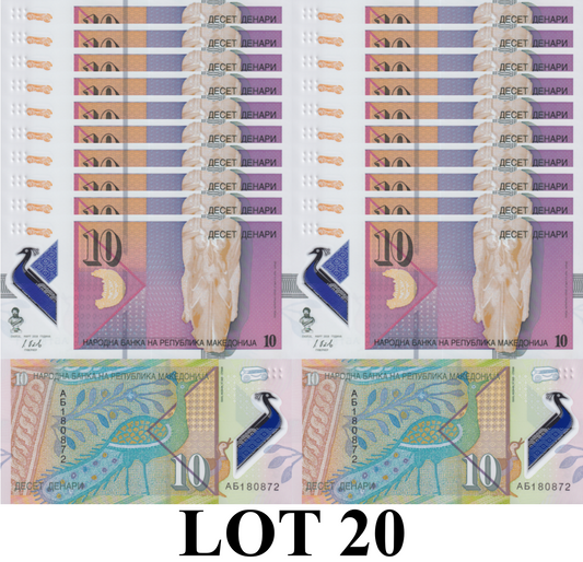 North Macedonia 10 Denari 2018 P 25 Polymer UNC 1/5 Bundle Lot 20 pcs