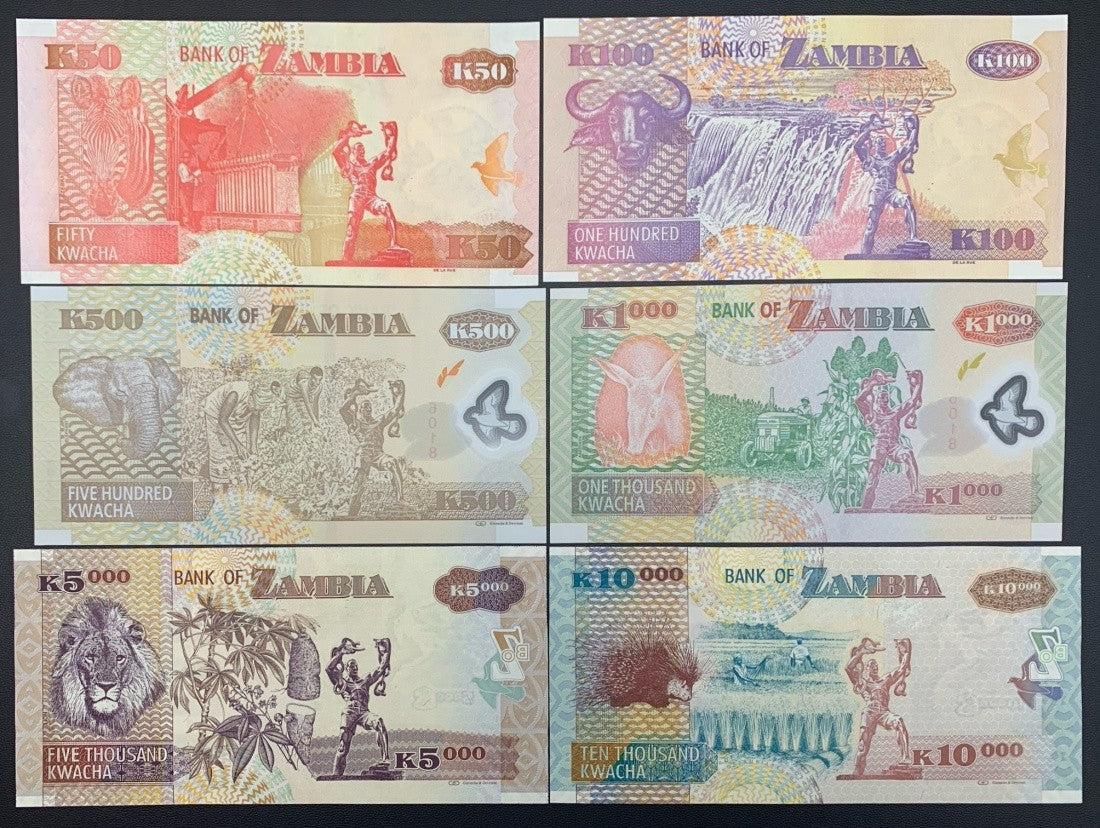 Zambia 50 100 500-10000 Kwacha 2010-2011 P 37i-46g Paper Polymer UNC Set 6 pcs