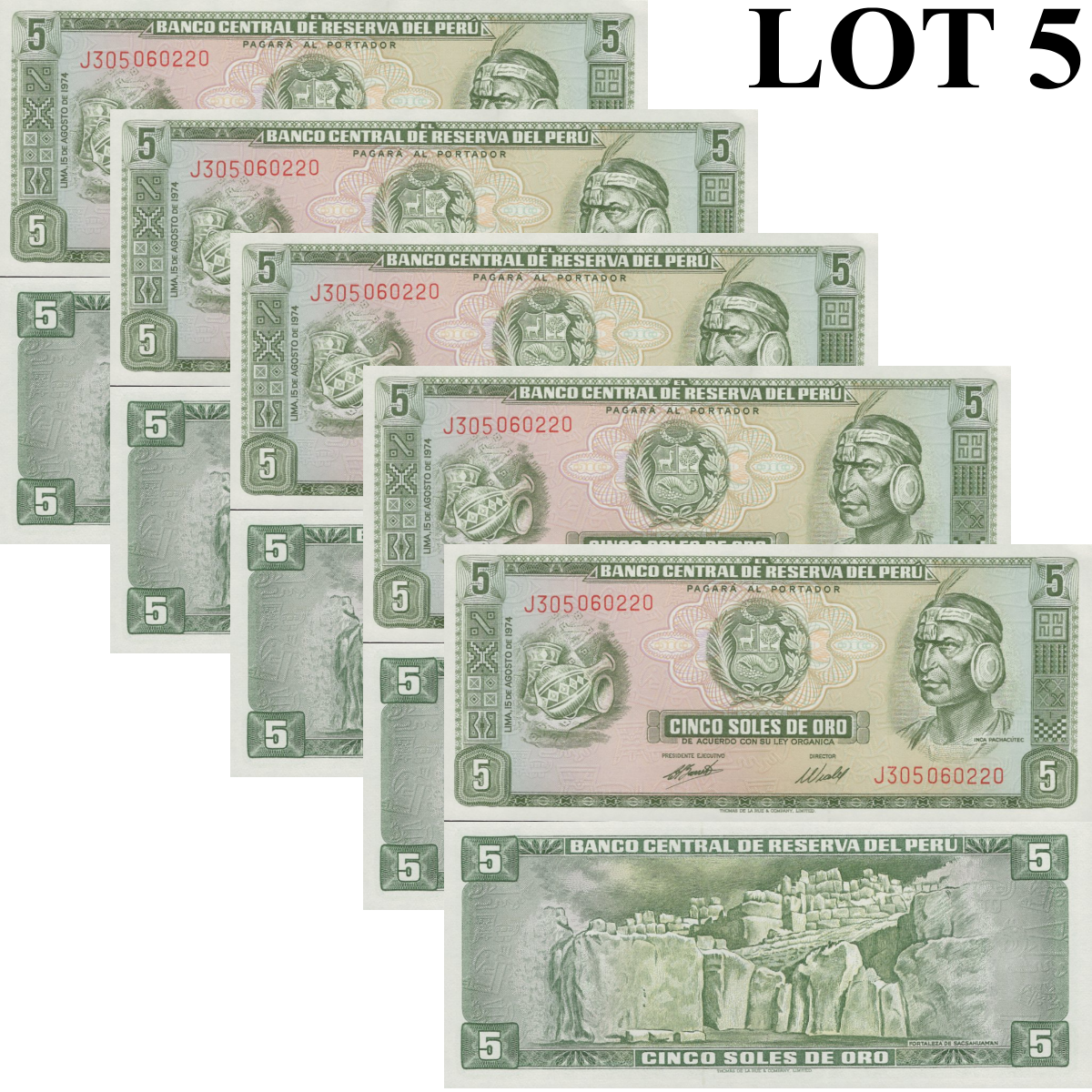 Peru 5 Soles 1969-1974 P 99 UNC 1/20 Bundle Lot 5 pcs