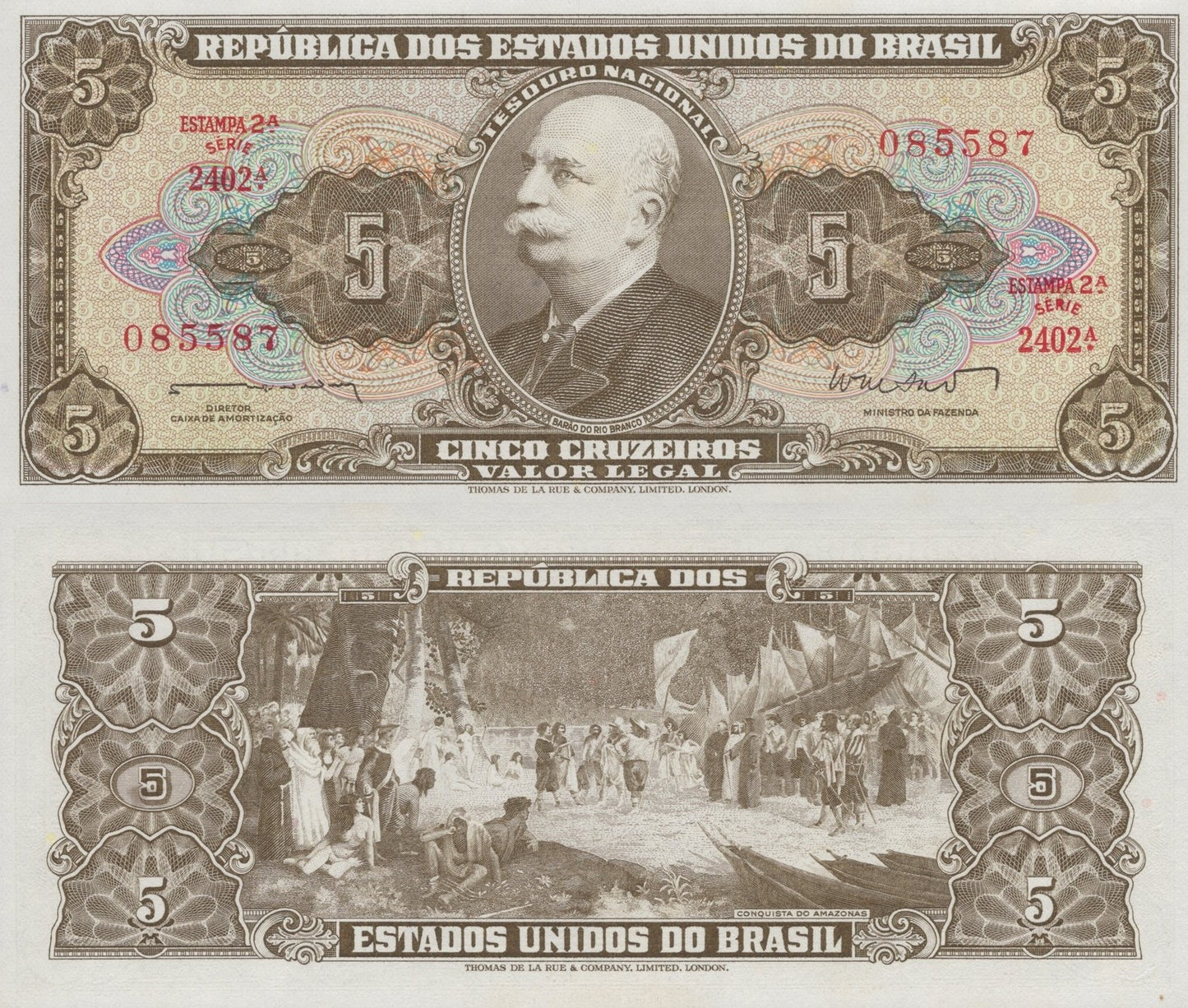 Brazil 5 Cruzeiros 1962-1964 P 176a UNC WITH TONE