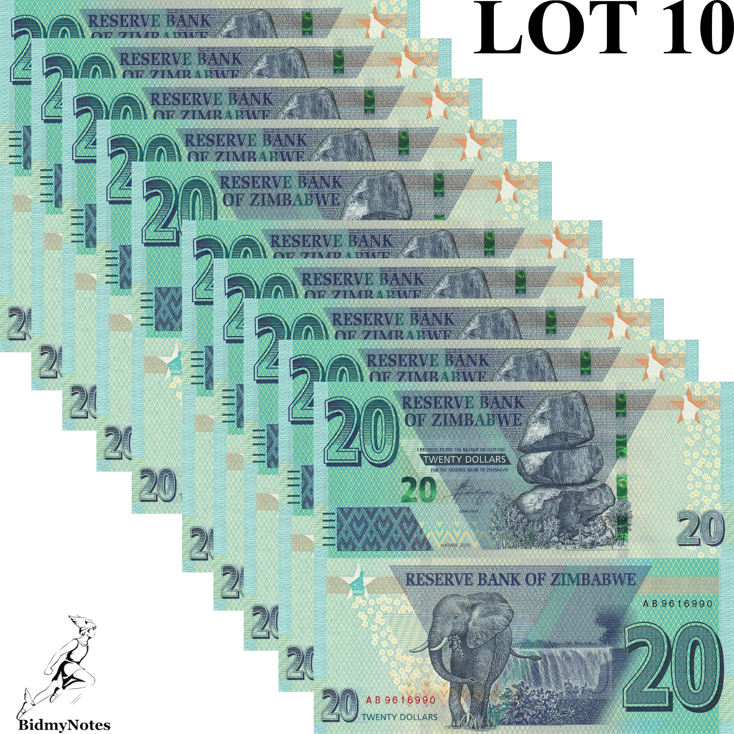 Zimbabwe 20 Dollars 2020 P 104 UNC 1/10 Bundle LOT 10 pcs