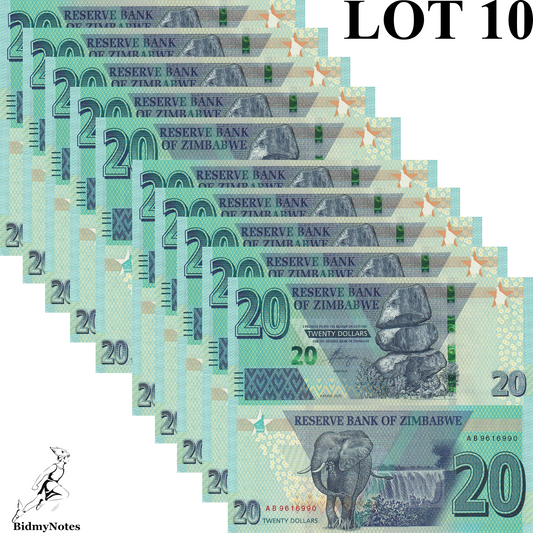 Zimbabwe 20 Dollars 2020 P 104 UNC 1/10 Bundle LOT 10 pcs