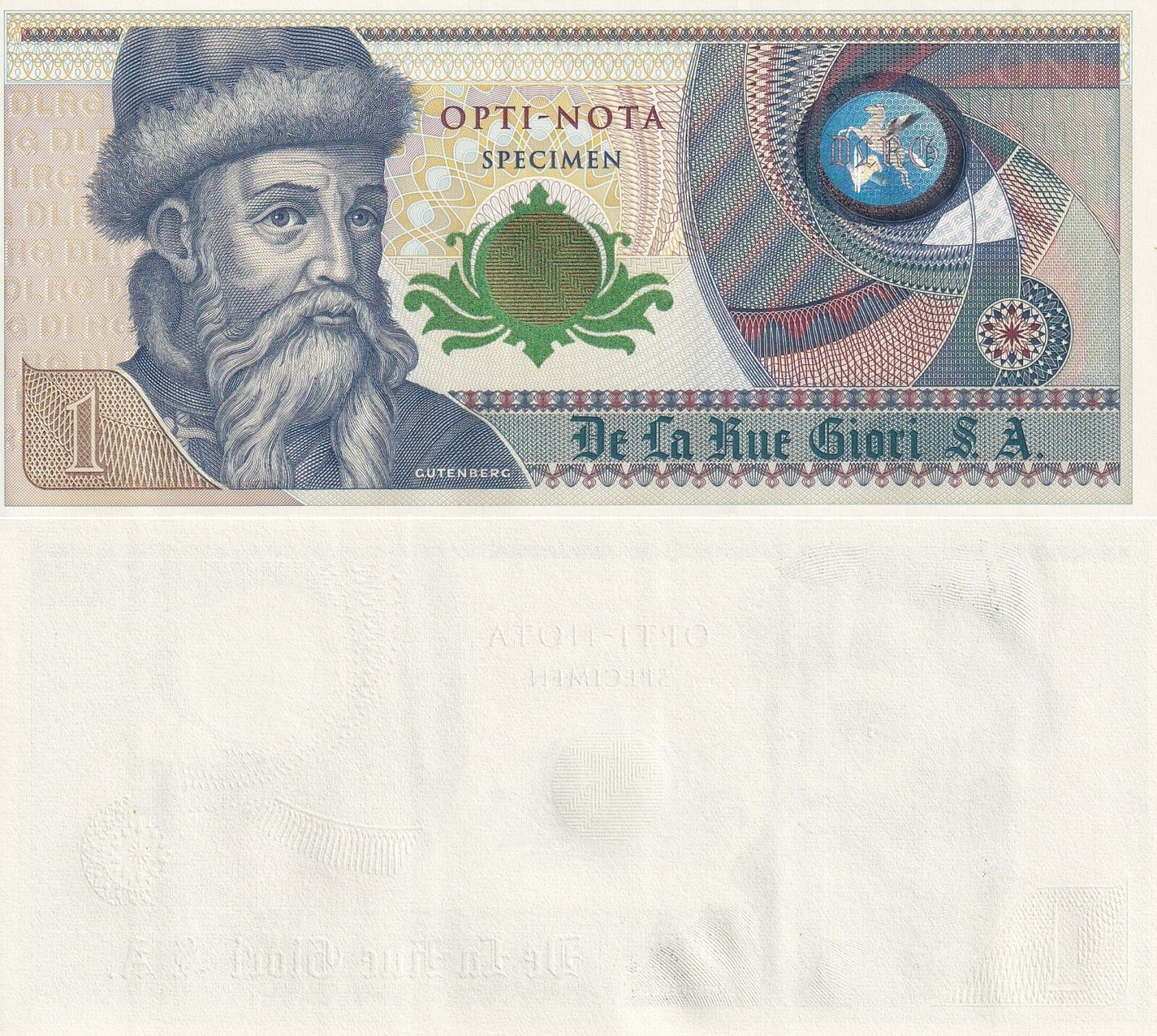 De La Rue Giori S.A Gutenberg 1 Specimen Opti-Nota Single Side With Hologram UNC