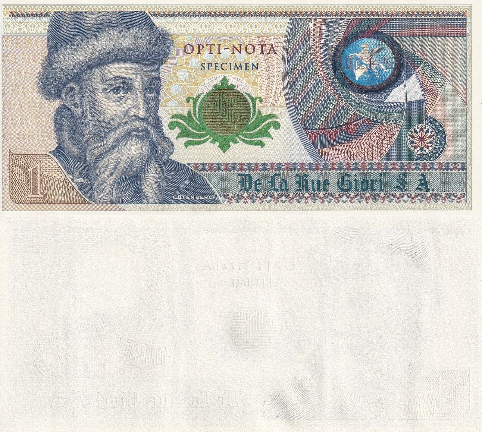 De La Rue Giori S.A Gutenberg 1 Specimen Opti-Nota Single Side With Hologram UNC