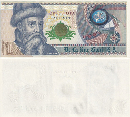 De La Rue Giori S.A Gutenberg 1 Specimen Opti-Nota Single Side With Hologram UNC