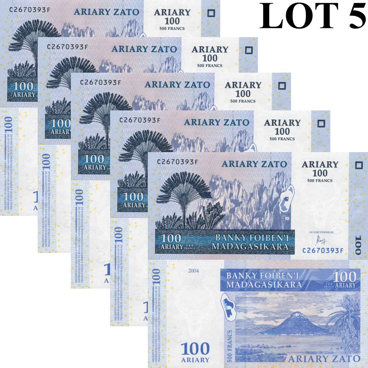 Madagascar 100 Ariary=500 Francs 2004 P 86 UNC 1/20 Bundle Lot 5 pcs