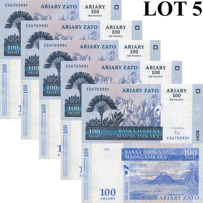 Madagascar 100 Ariary=500 Francs 2004 P 86 UNC 1/20 Bundle Lot 5 pcs