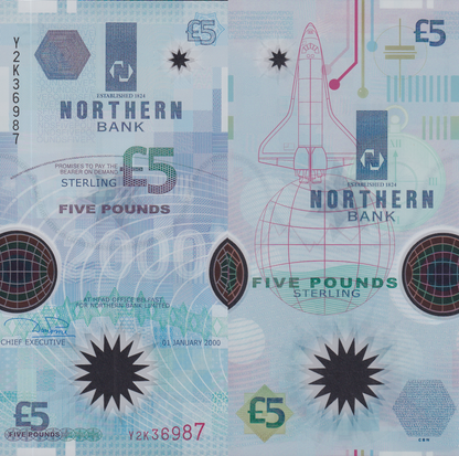 Northern Ireland 5 Pounds 2000 P 203b Polymer UNC Northern Bank COMM. Y2K Prefix