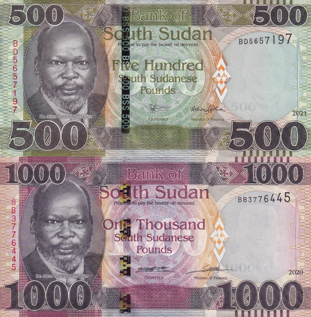 South Sudan 500 1000 Pounds 2020 2021 P 16 17 UNC Set 2 pcs