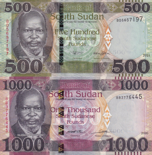 South Sudan 500 1000 Pounds 2020 2021 P 16 17 UNC Set 2 pcs