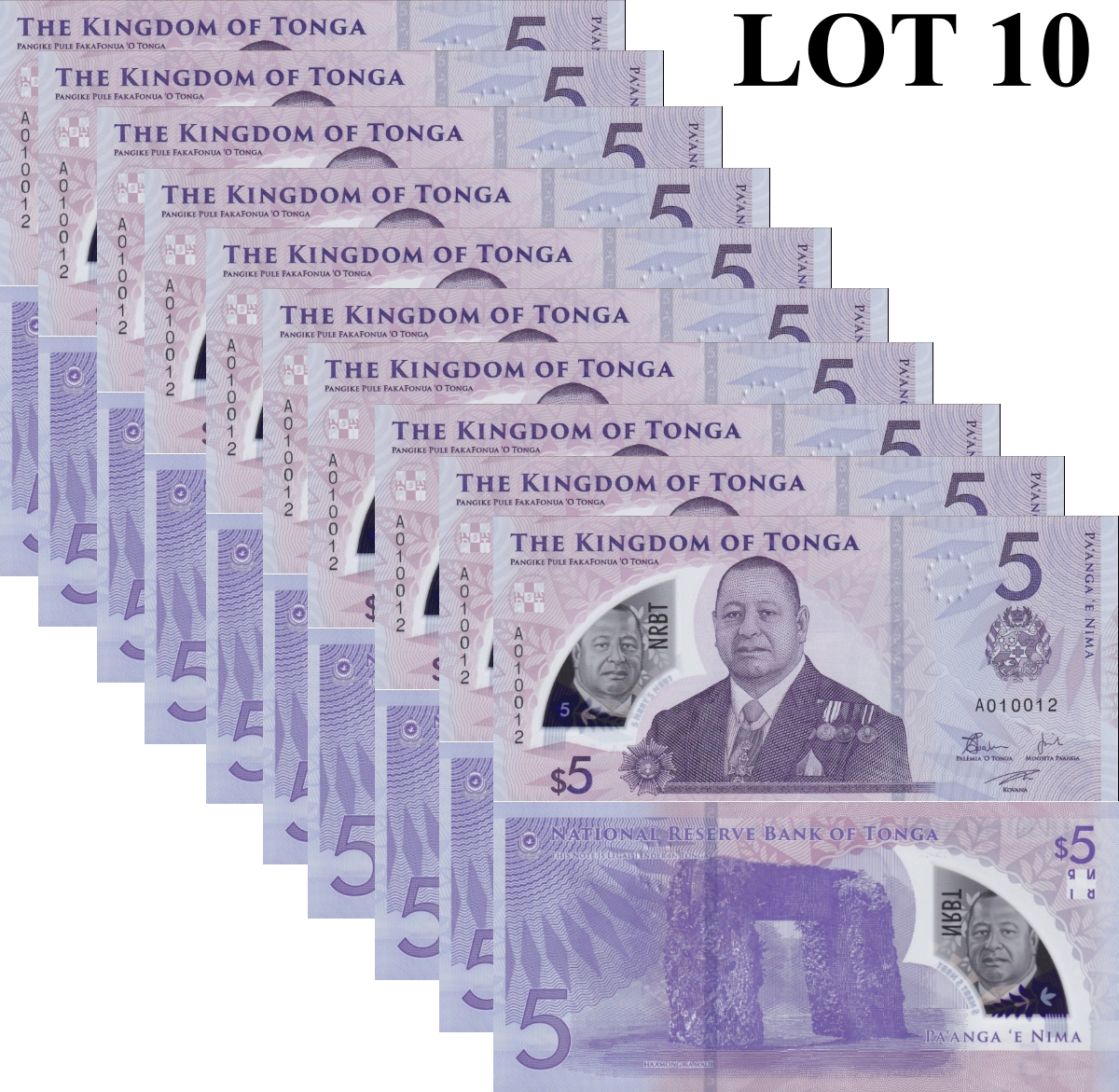 Tonga 5 Pa'anga ND 2023/2024 P 51 New Design Polymer UNC 1/10 Bundle Lot 10 pcs
