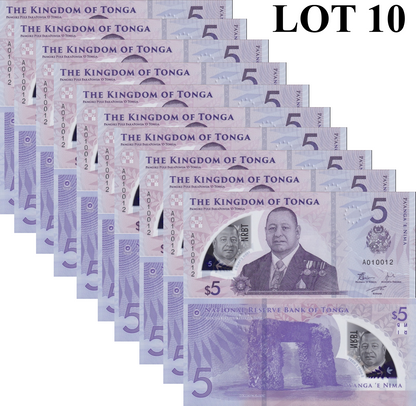 Tonga 5 Pa'anga ND 2023/2024 P 51 New Design Polymer UNC 1/10 Bundle Lot 10 pcs
