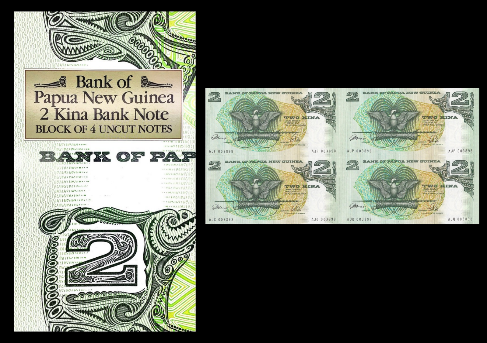 Papua New Guinea 2 Kina ND (1989-1991) P 5c UNC UNCUT 4 IN 1 With Folder