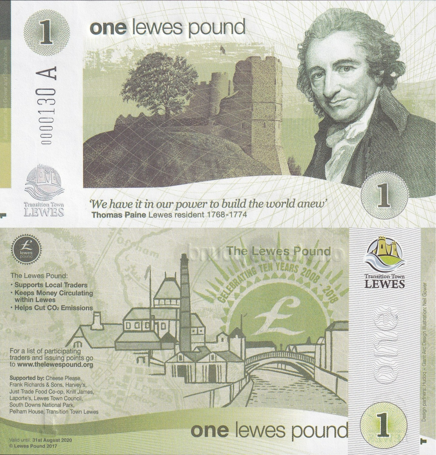 England Lewes 1£ 1 Pound 2017 Local Currency Banknote UNC LOW SERIAL NO. XXX