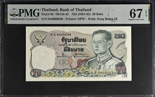 Thailand 20 Baht ND 1981-85 P 88 UNC PMG 67 EPQ 0A Prefix LOW S/N 46 3rd TOP POP