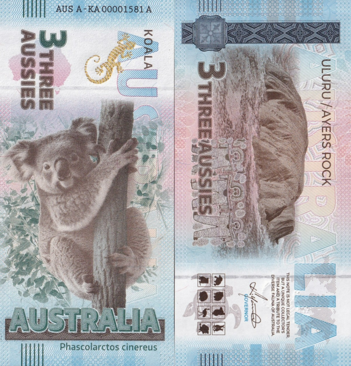 Australia TEST NOTE Souvenir Note 3 Aussie Koala UNC