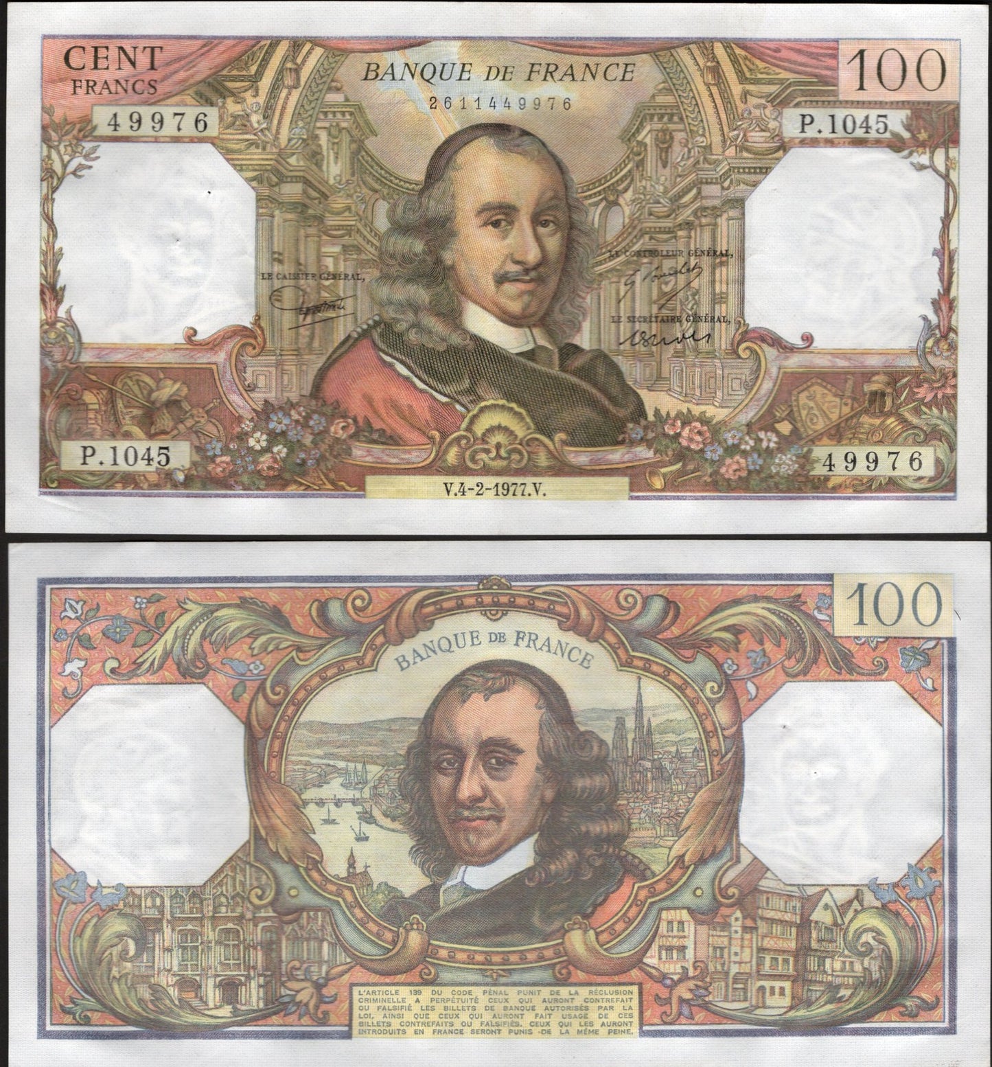 France 100 Francs 1977 P 149f Random Signatures AU-EF WITH HOLE