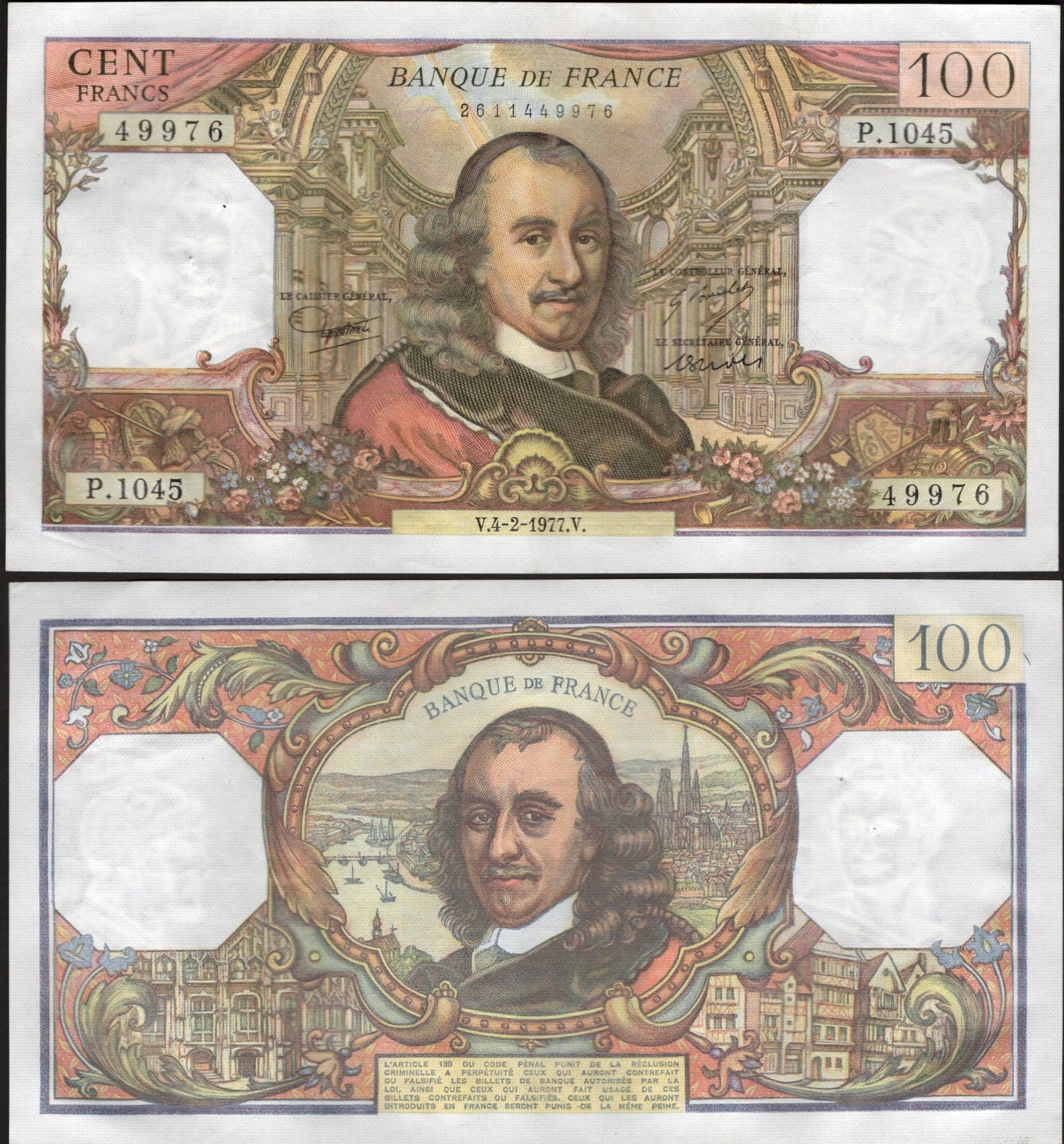 France 100 Francs 1977 P 149f Random Signatures AU-EF WITH HOLE