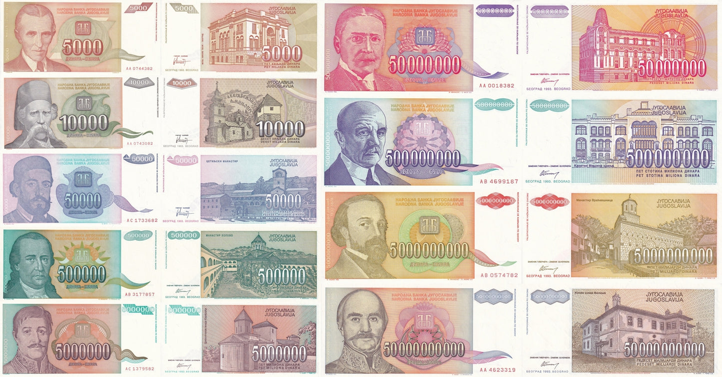 Yugoslavia 5000 - 50000000000 Million Billion 1993 P 128-136 UNC Set of 9 pcs