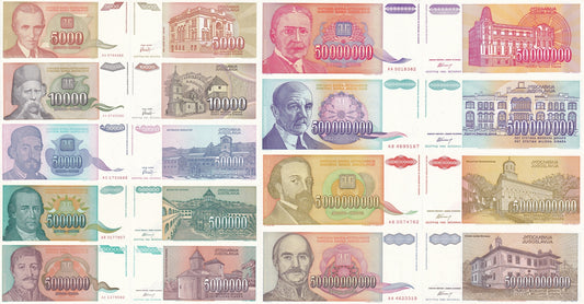 Yugoslavia 5000 - 50000000000 Million Billion 1993 P 128-136 UNC Set of 9 pcs