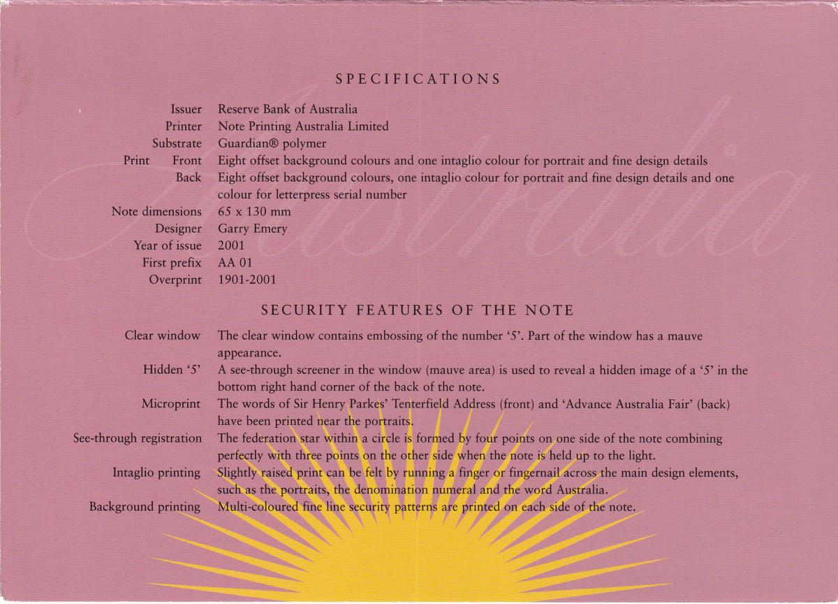 Australia 5 Dollars 1901-2001 P 56b Polymer UNC COMM. AA Prefix With Folder