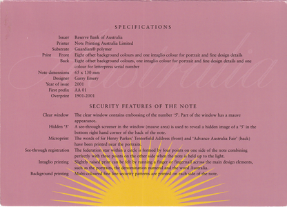 Australia 5 Dollars 1901-2001 P 56b Polymer UNC COMM. AA Prefix With Folder