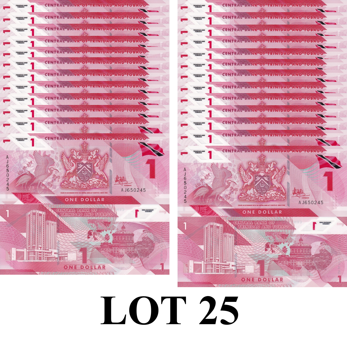 Trinidad and Tobago 1 Dollar 2020 P 60a Polymer UNC 1/4 Bundle Lot 25 pcs