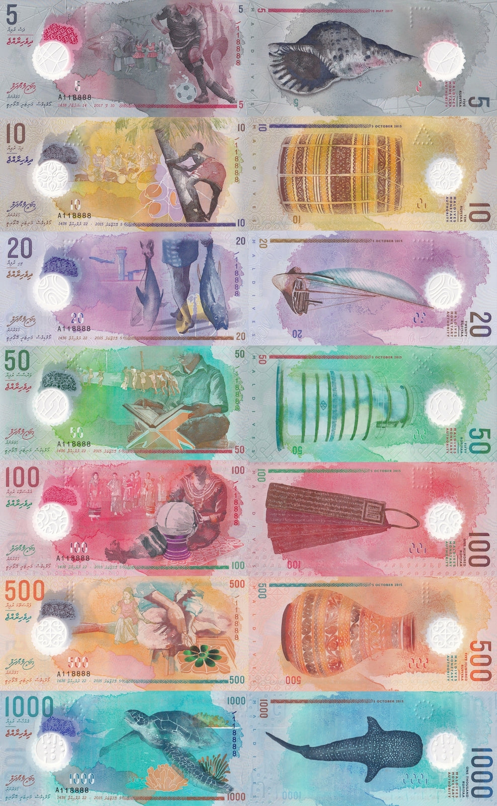 Maldives 5-1000 Rufiyaa 2015-2022 P A26 26 27 28 29 30 31 UNC Full Set Set 7 pcs