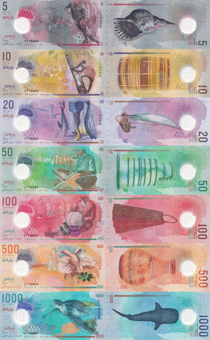 Maldives 5-1000 Rufiyaa 2015-2022 P A26 26 27 28 29 30 31 UNC Full Set Set 7 pcs