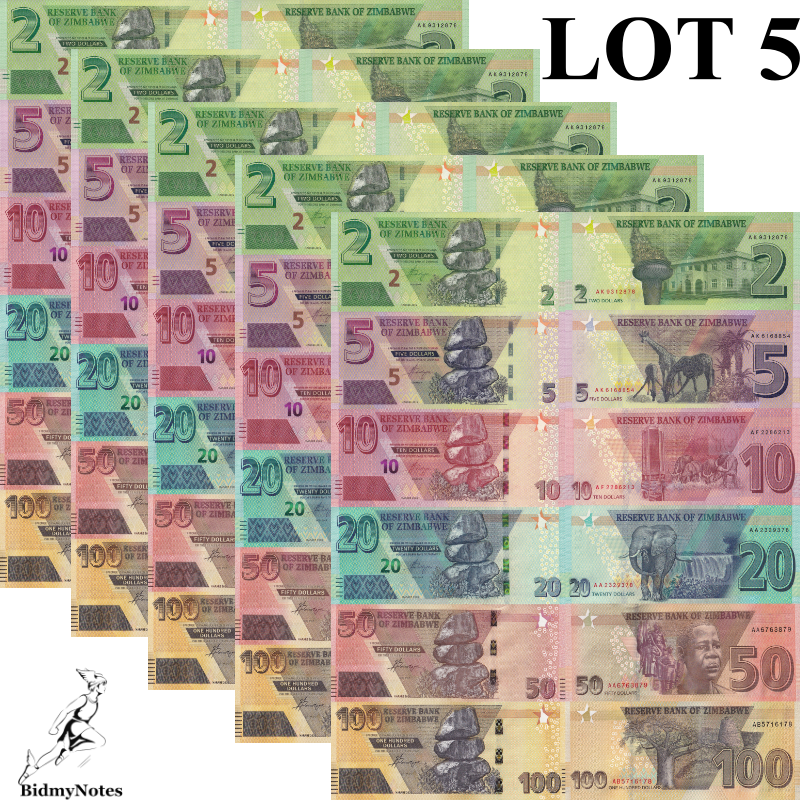 Zimbabwe 2-100 Dollars 2019 2020 P 101 102 103 104 105 106 UNC Set 6 pcs LOT 5