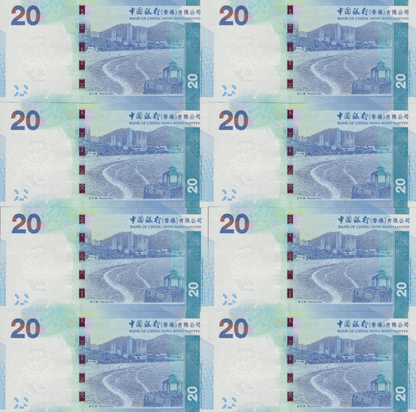 Hong Kong 20 Dollars 2015 P 341e UNC BOC Matching S/N Set 8 pcs