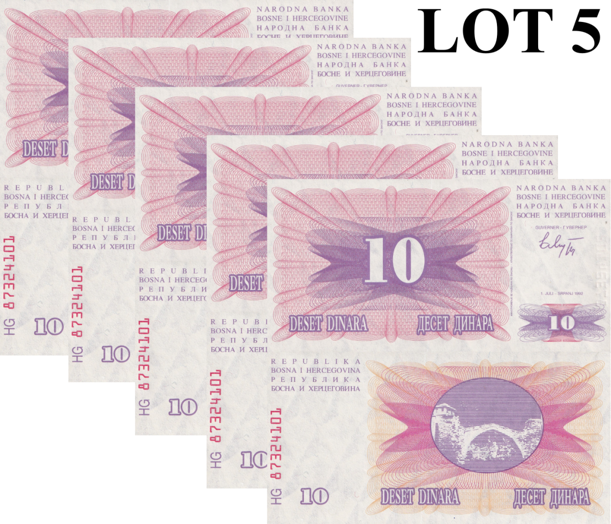 Bosnia & Herzegovina 10 Dinara 1992 P 10 UNC 1/5 Bundle Lot 5 pcs