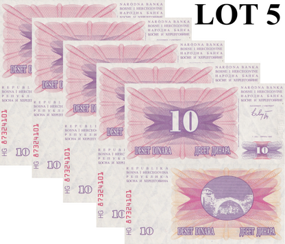 Bosnia & Herzegovina 10 Dinara 1992 P 10 UNC 1/5 Bundle Lot 5 pcs