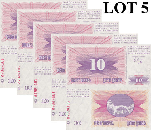 Bosnia & Herzegovina 10 Dinara 1992 P 10 UNC 1/5 Bundle Lot 5 pcs