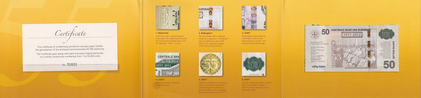 Suriname 50 Dollars 2012 P 167 Commemorative UNC W/ Folder