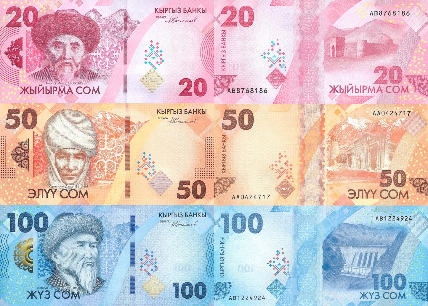 Kyrgyzstan 20 50 100 Som 2023 2024 P New Design issue UNC Set 3 pcs LOT 10