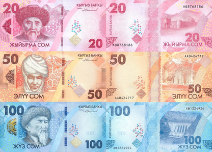 Kyrgyzstan 20 50 100 Som 2023 2024 P New Design issue UNC Set 3 pcs LOT 10