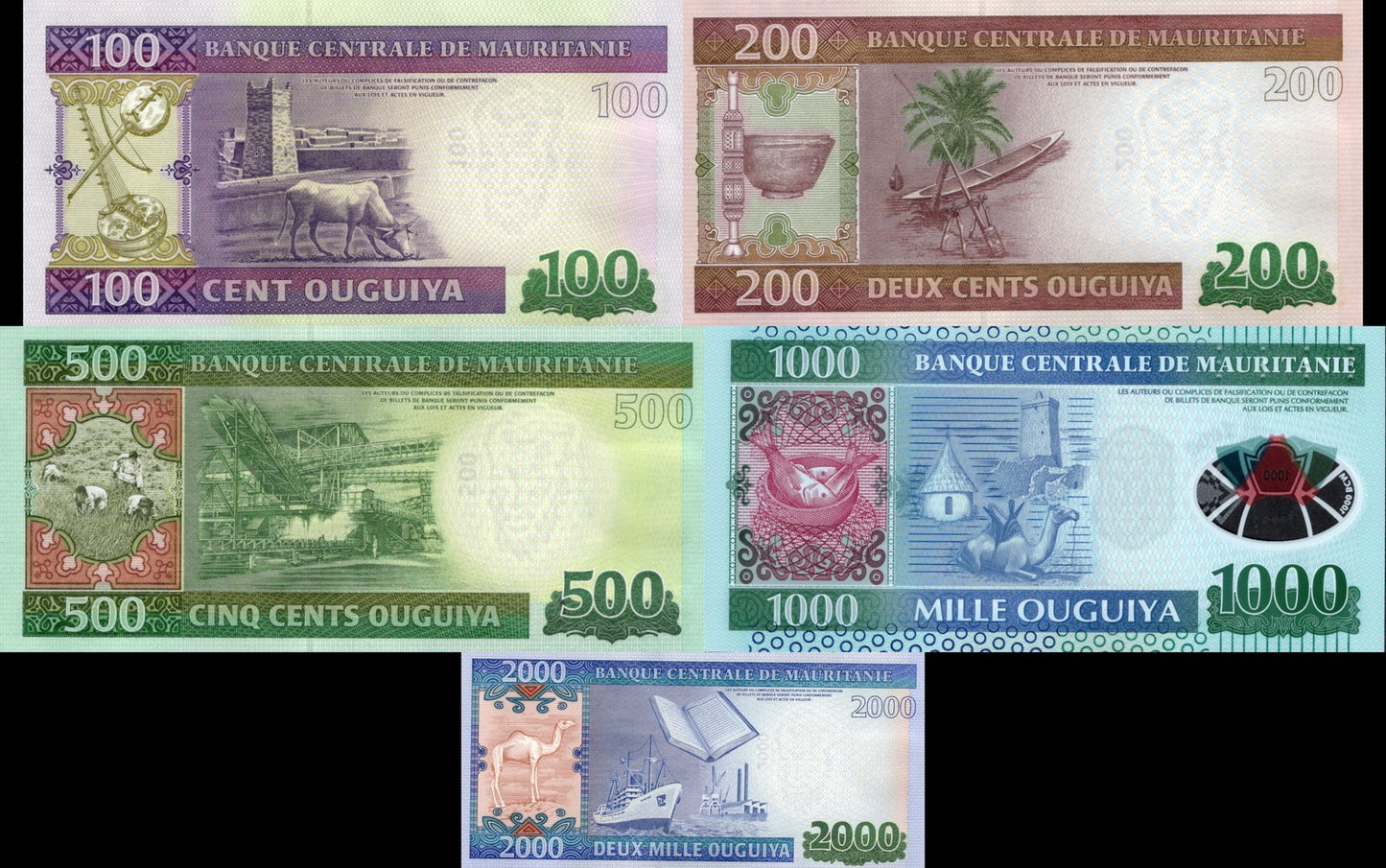 Mauritania 100 200 500 1000 2000 Ouguiya 2011-2015 P 16 17 18 19 20 Set 5 p UNC