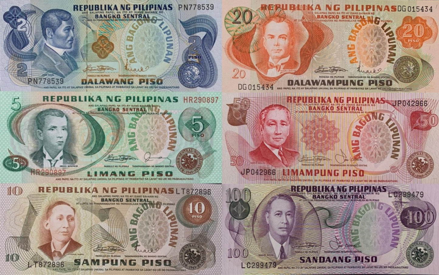 Philippines 2 5-100 Piso ND 1970-78 P 152 155 158-163b UNC MINOR FOXING Set 6 p