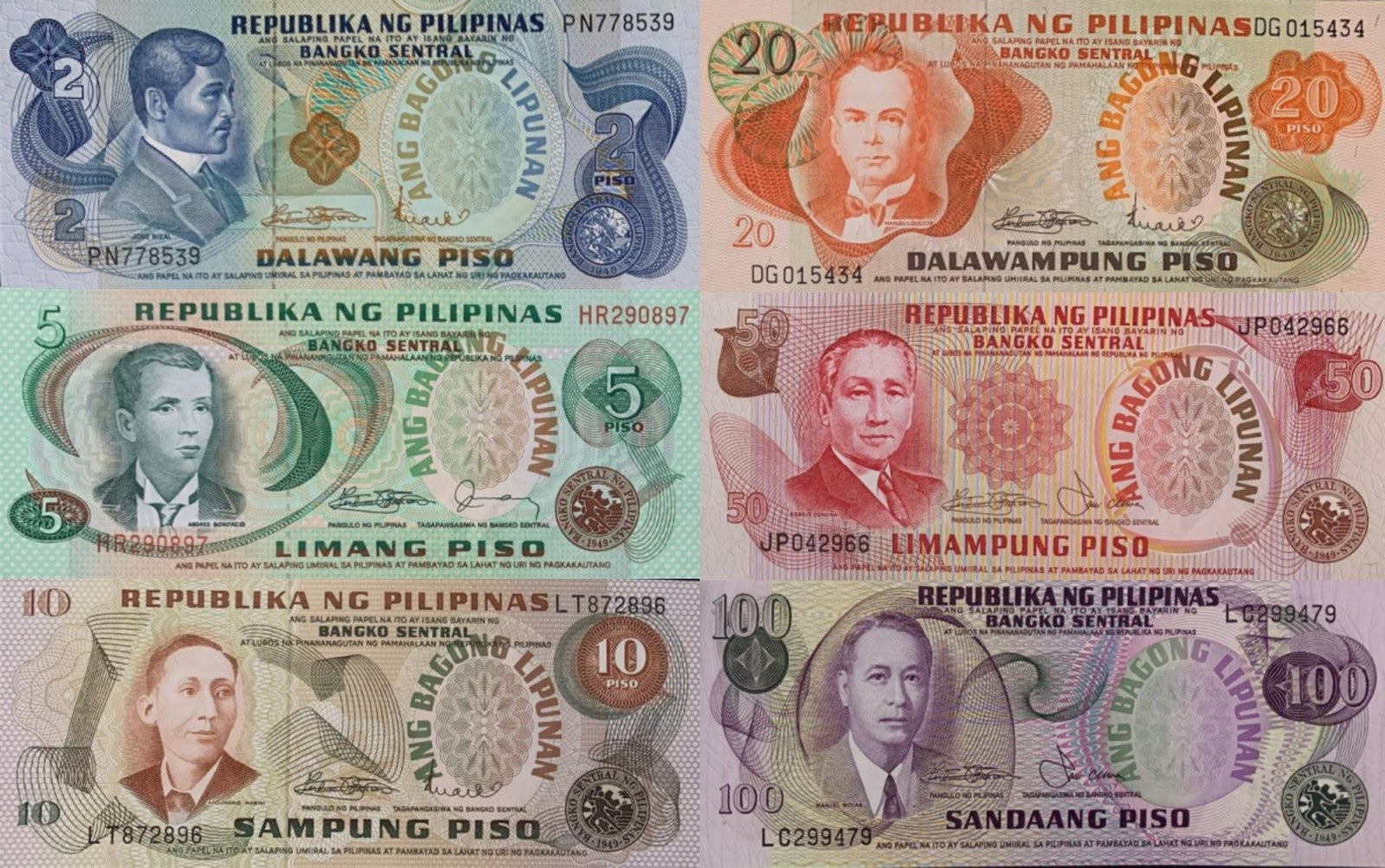 Philippines 2 5-100 Piso ND 1970-78 P 152 155 158-163b UNC MINOR FOXING Set 6 p