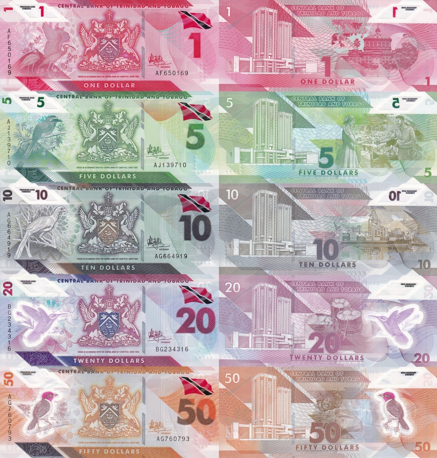 Trinidad and Tobago 1-50 Dollars 2020 P 60-64 Polymer UNC Set 5 pcs