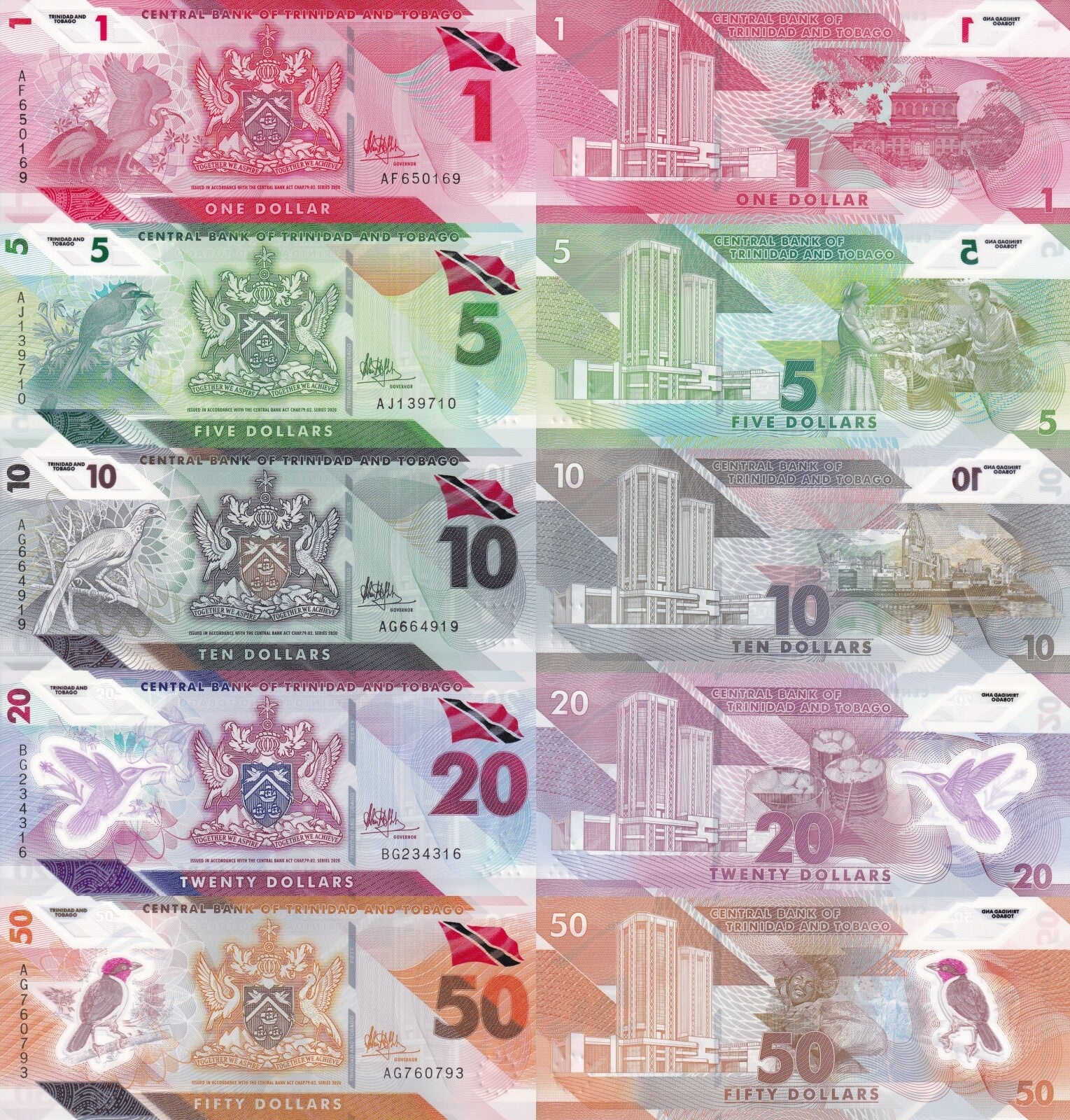 Trinidad and Tobago 1-50 Dollars 2020 P 60-64 Polymer UNC Set 5 pcs