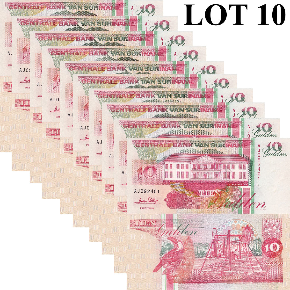 Suriname 10 Gulden 1996 P 137b UNC 1/10 Bundle Lot 10 pcs