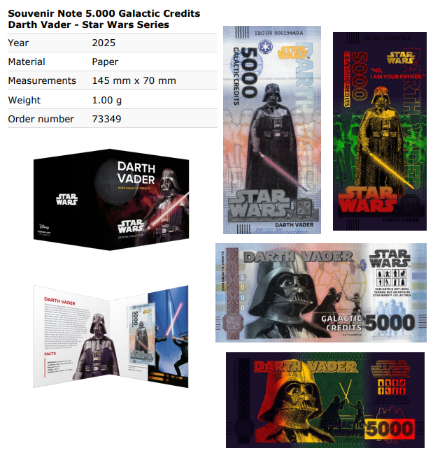 Disney Official Star Wars Test Note 10 20-5000 Galactic Credits UNC Set 8 p W/F