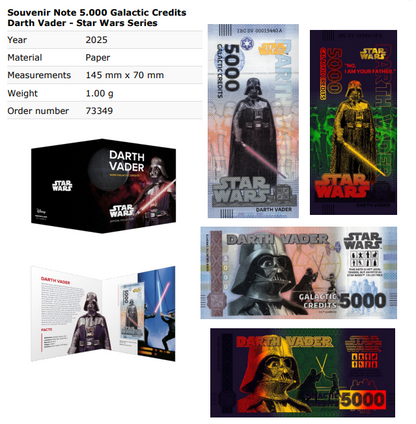 Disney Official Star Wars Test Note 10 20-5000 Galactic Credits UNC Set 8 p W/F