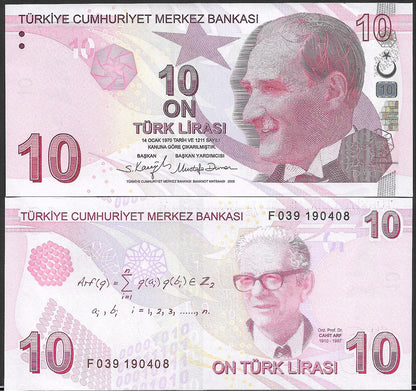 Turkey 10 Turk Lirasi 2009 P 223 UNC Random Sign 1/10 Bundle LOT 10 pcs