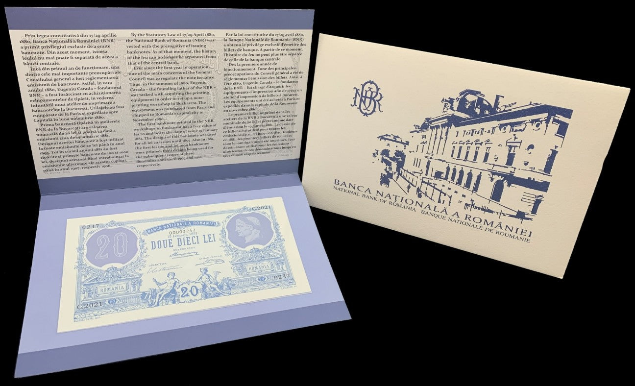 Romania 20 Lei 1881 / 2021 P 126 Polymer UNC COMM. LOW S/N 0000XXXX With Folder