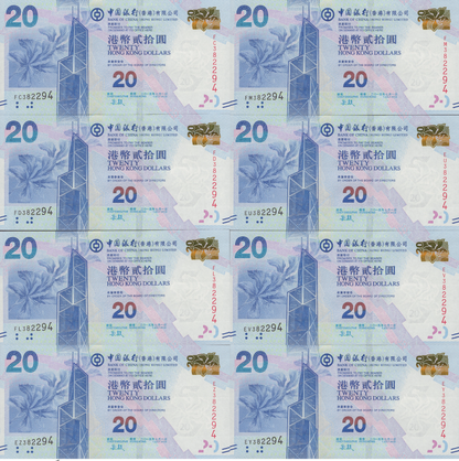 Hong Kong 20 Dollars 2015 P 341e UNC BOC Matching S/N Set 8 pcs