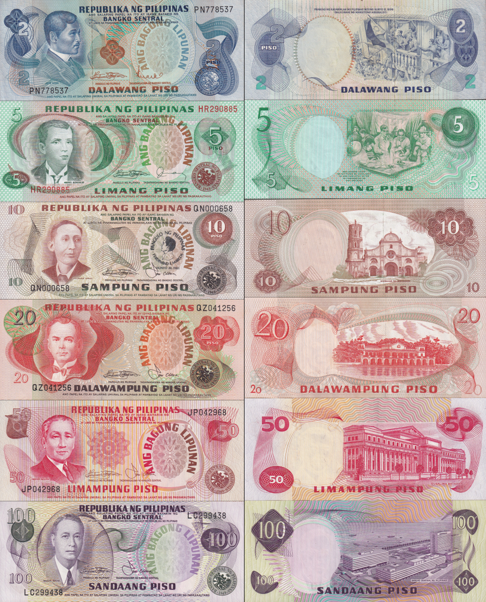 Philippines 2 5-100 ND 1970-78 P 152 160d 162-164 167 Minor Foxing UNC Set 6 pcs