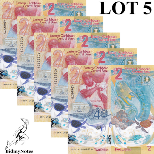East Caribbean States 2 Dollars 2023 2024 P 61 Polymer UNC 40th COMM. LOT 5 pcs